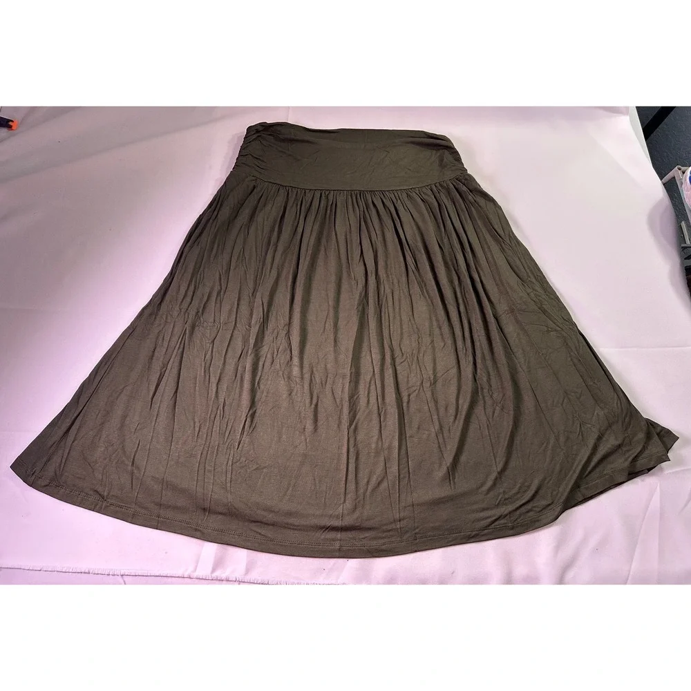 NWT Simlu Women's‎ 2X Olive Green Midi Skirt Pockets Foldover Ruched Waist Flowy